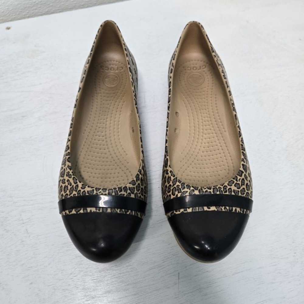 Crocs Animal Print Cheetah‎ Leopard Black Brown Cap Toe  Ballet Flats Shoes Sz 9